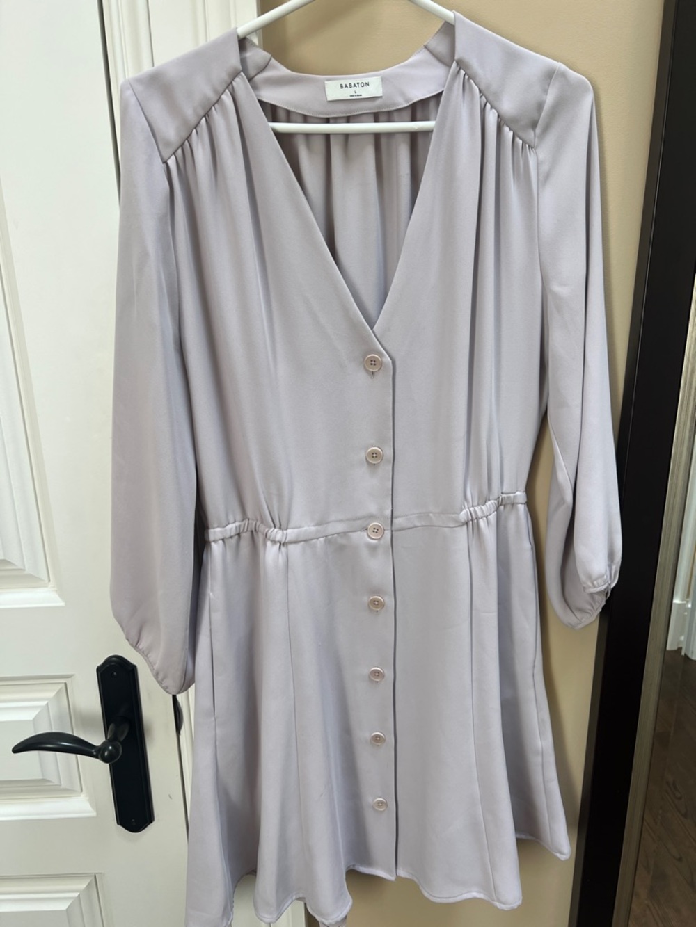 Babaton Soft Lavender-Gray Button Front Long Sleeve Dress